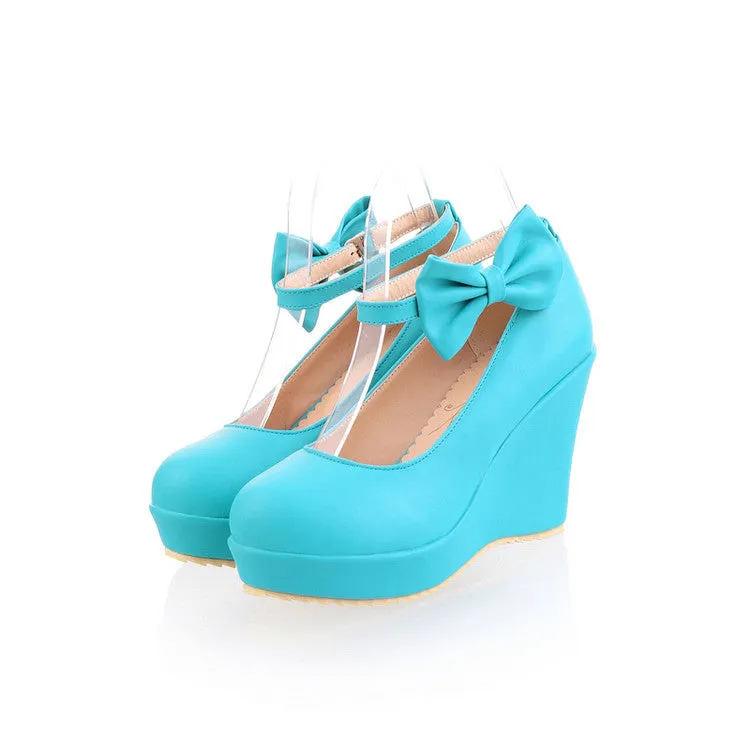 Women's Heels Ankle Strap Bowtie Platform Wedges Shoes