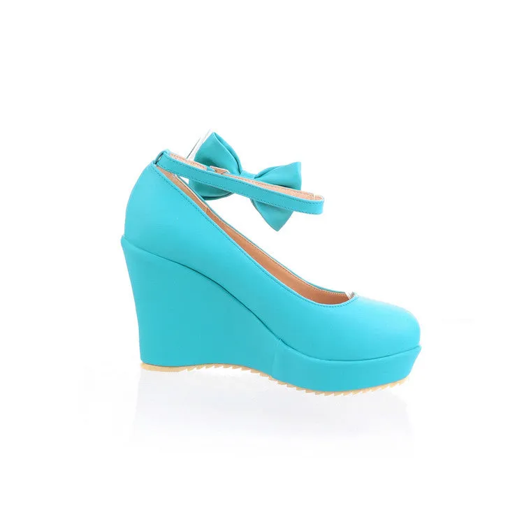 Women's Heels Ankle Strap Bowtie Platform Wedges Shoes