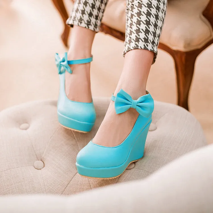 Women's Heels Ankle Strap Bowtie Platform Wedges Shoes