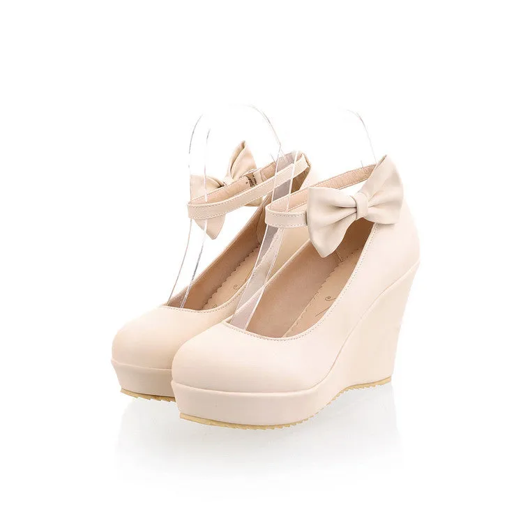 Women's Heels Ankle Strap Bowtie Platform Wedges Shoes