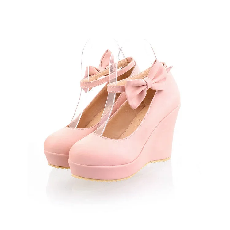 Women's Heels Ankle Strap Bowtie Platform Wedges Shoes