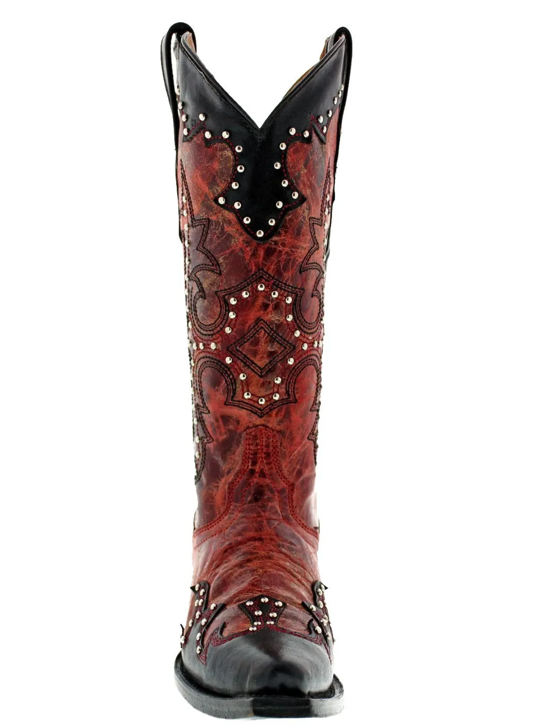 Womens Katy Baby Red Leather Cowboy Boots Studded - Snip Toe