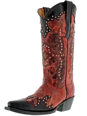 Womens Katy Baby Red Leather Cowboy Boots Studded - Snip Toe