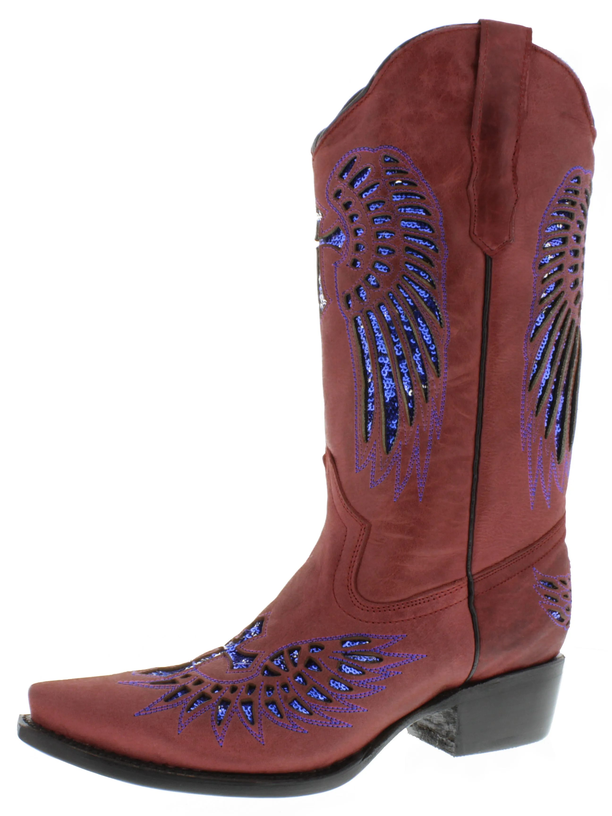 Womens Red Cowboy Boots Blue Cross & Wings Sequins - Snip Toe