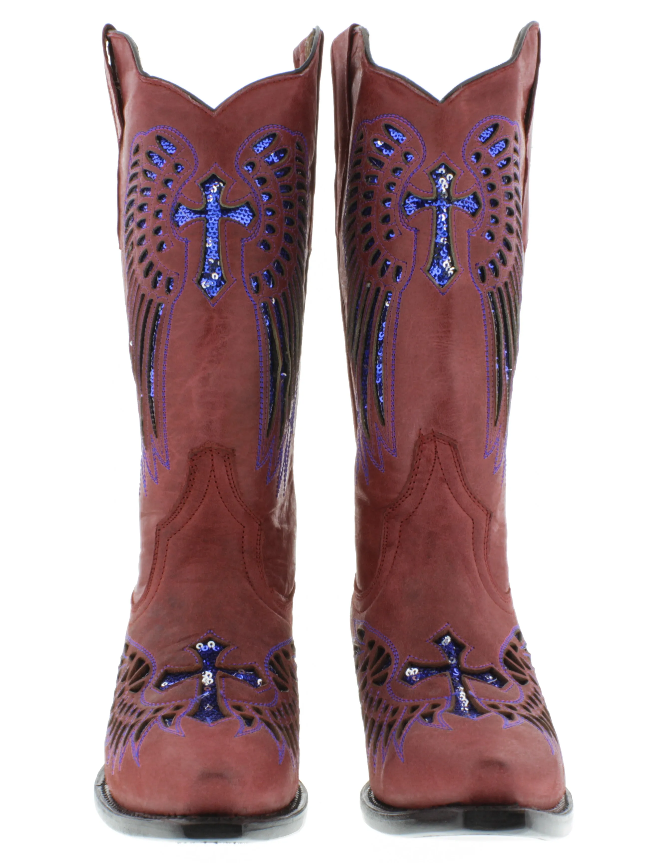 Womens Red Cowboy Boots Blue Cross & Wings Sequins - Snip Toe