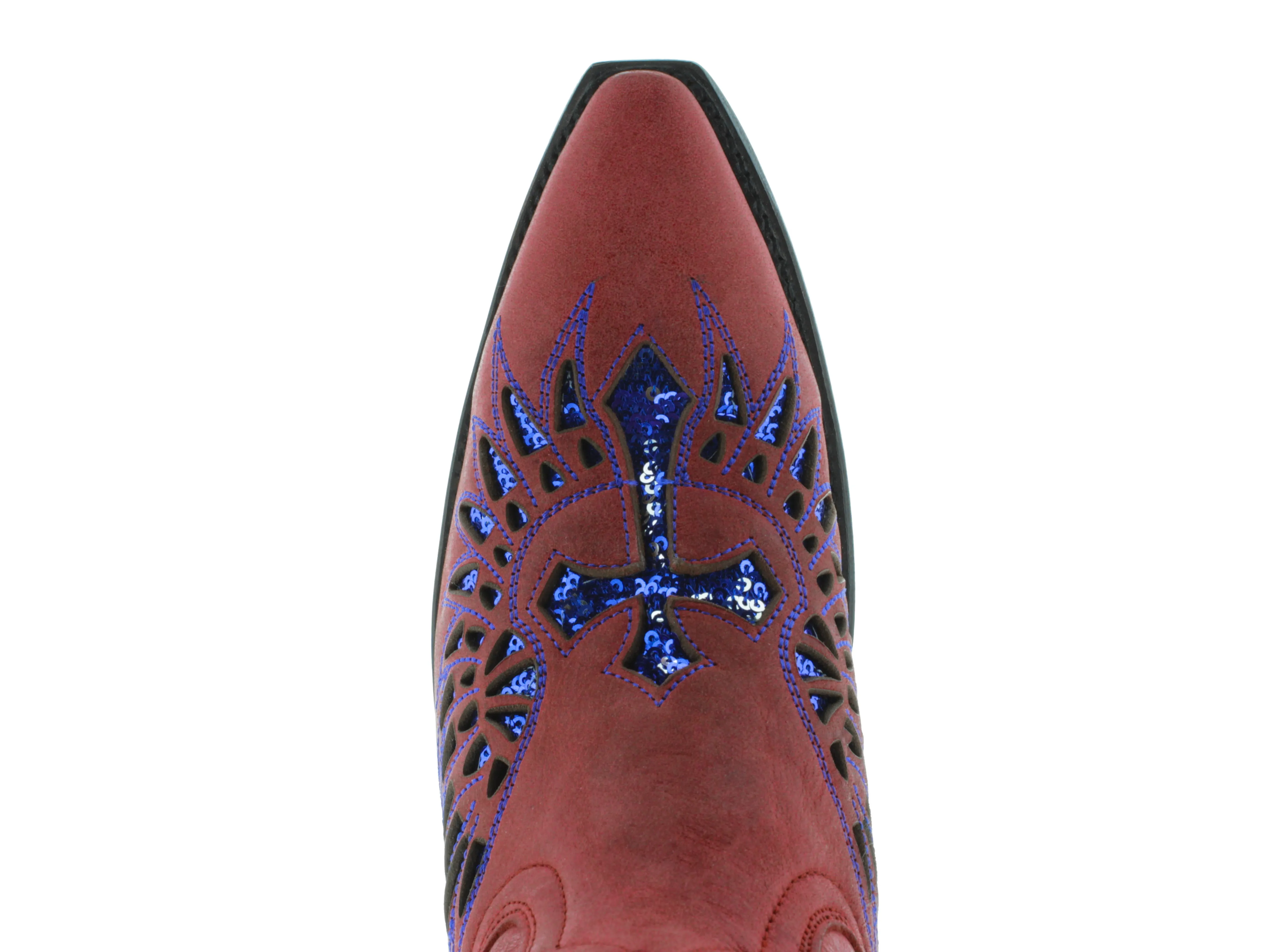 Womens Red Cowboy Boots Blue Cross & Wings Sequins - Snip Toe