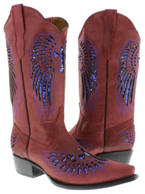 Womens Red Cowboy Boots Blue Cross & Wings Sequins - Snip Toe