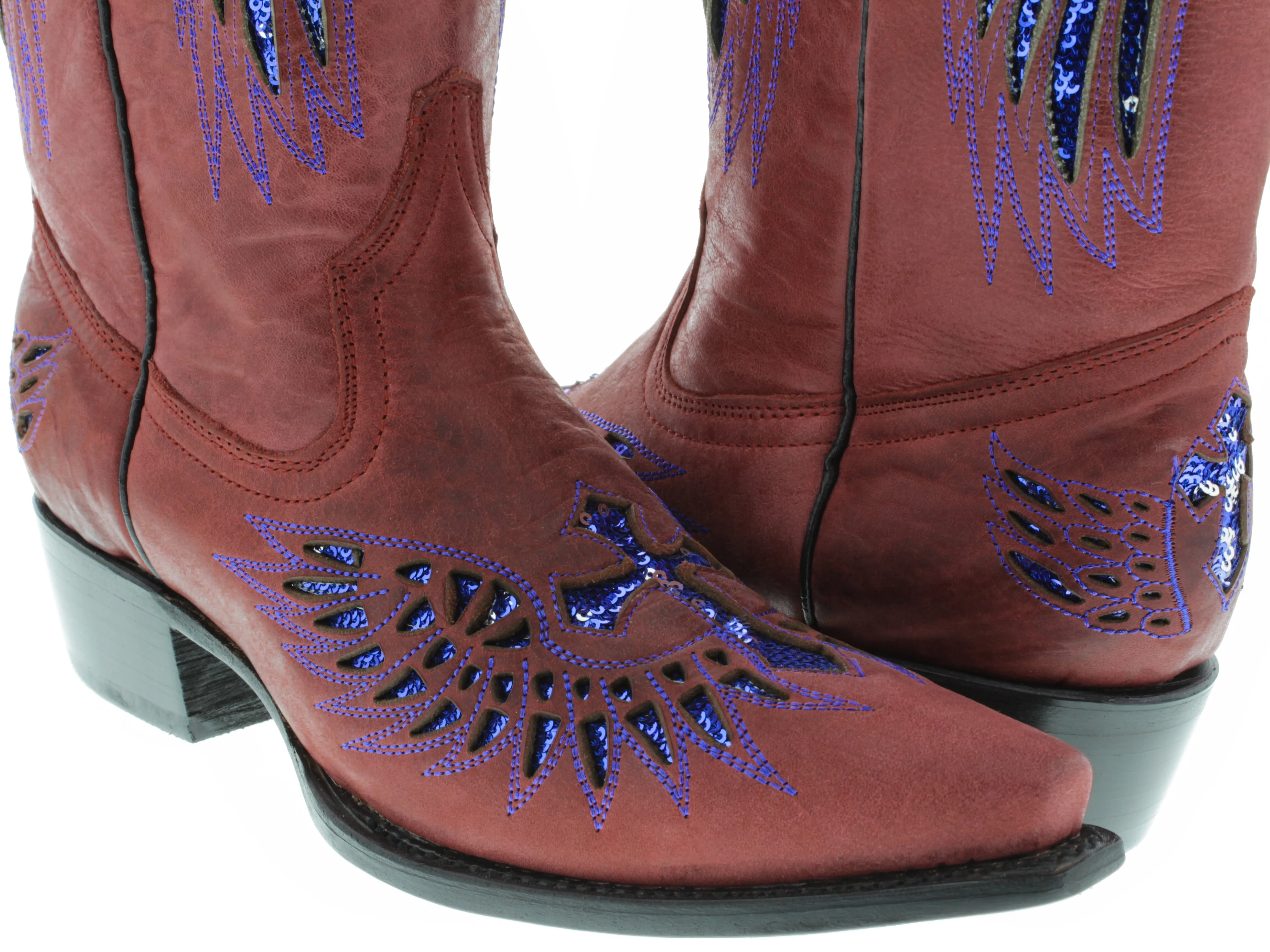 Womens Red Cowboy Boots Blue Cross & Wings Sequins - Snip Toe