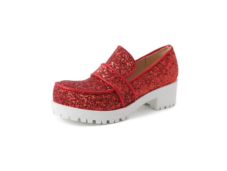 Women's Sequined Square Toe Block Heel Platform Loafers Shoes