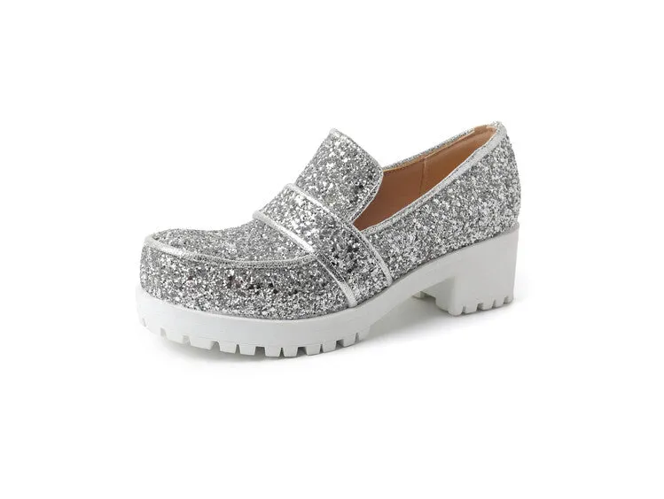 Women's Sequined Square Toe Block Heel Platform Loafers Shoes