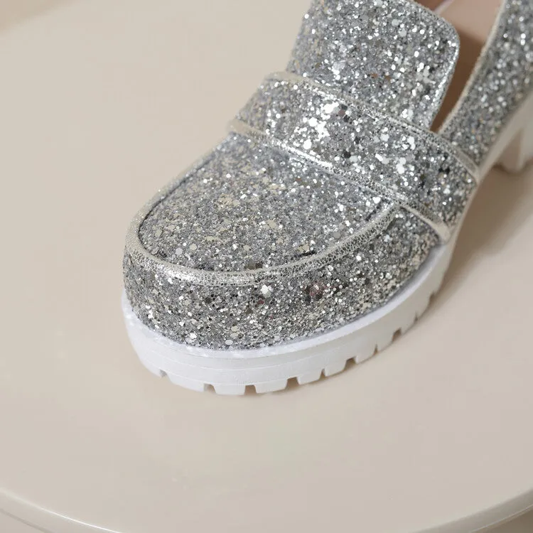 Women's Sequined Square Toe Block Heel Platform Loafers Shoes