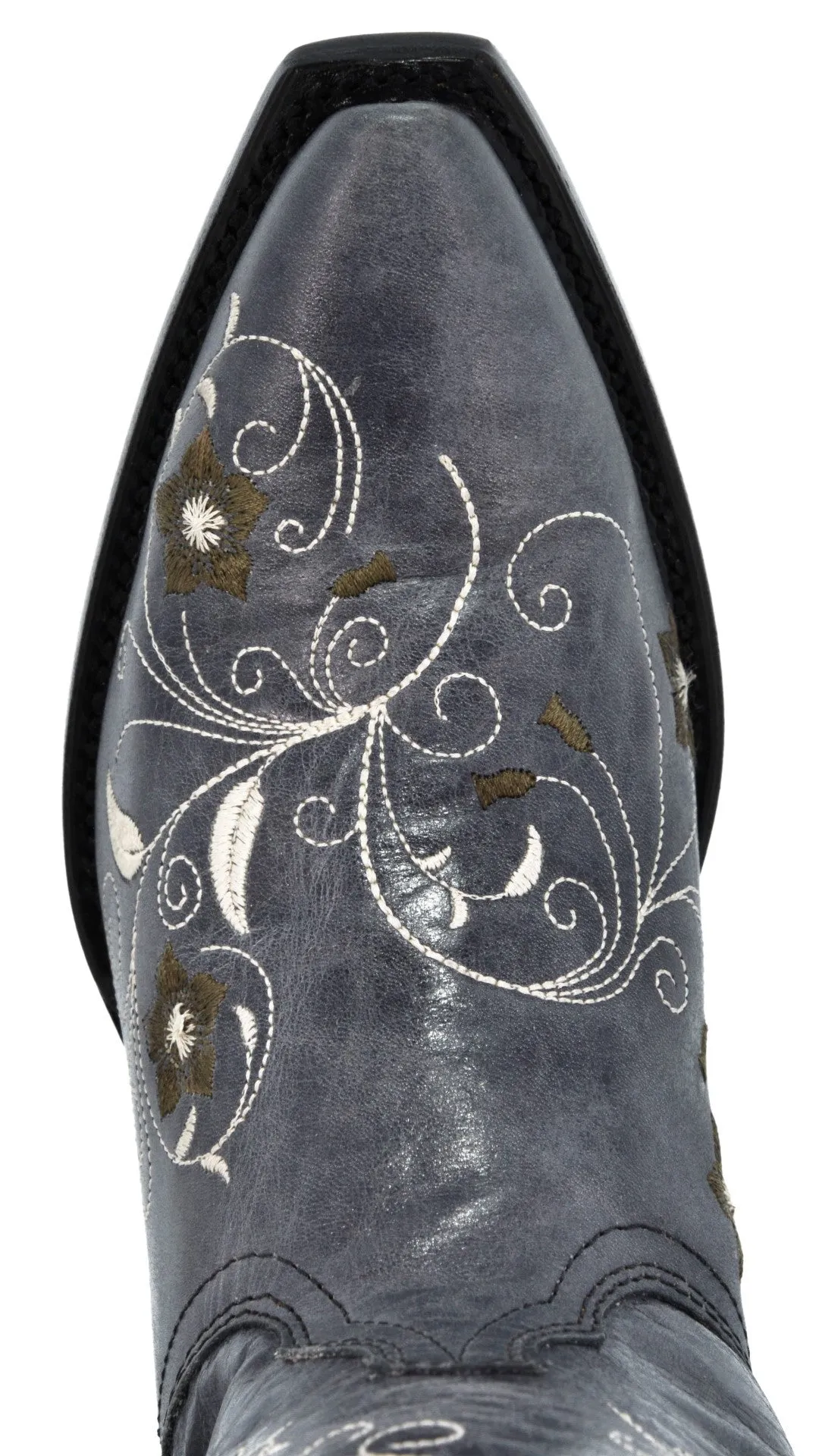 Womens Sofia Denim Blue Leather Cowboy Boots Floral - Snip Toe