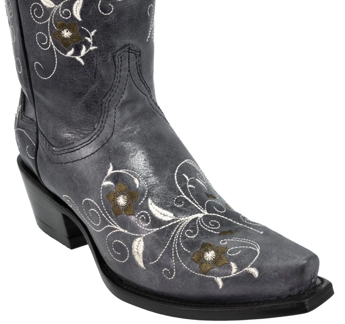 Womens Sofia Denim Blue Leather Cowboy Boots Floral - Snip Toe