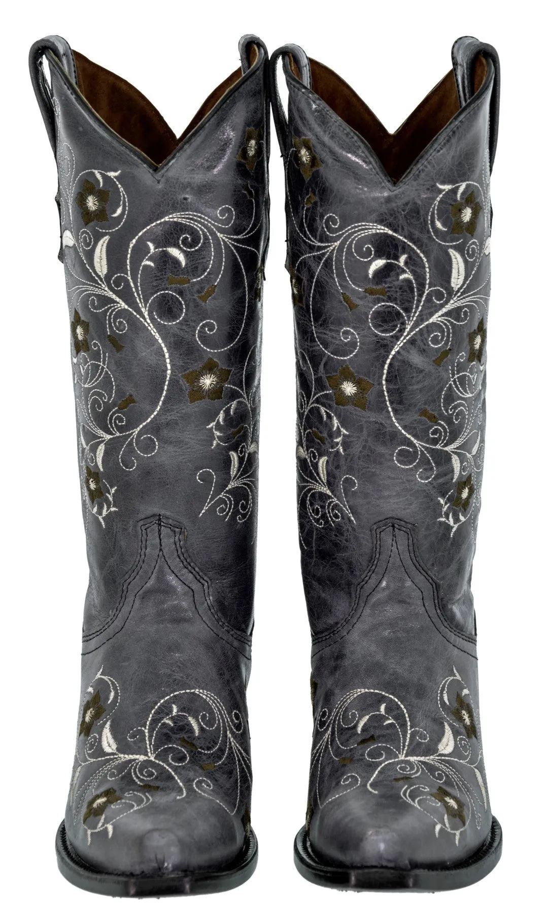 Womens Sofia Denim Blue Leather Cowboy Boots Floral - Snip Toe