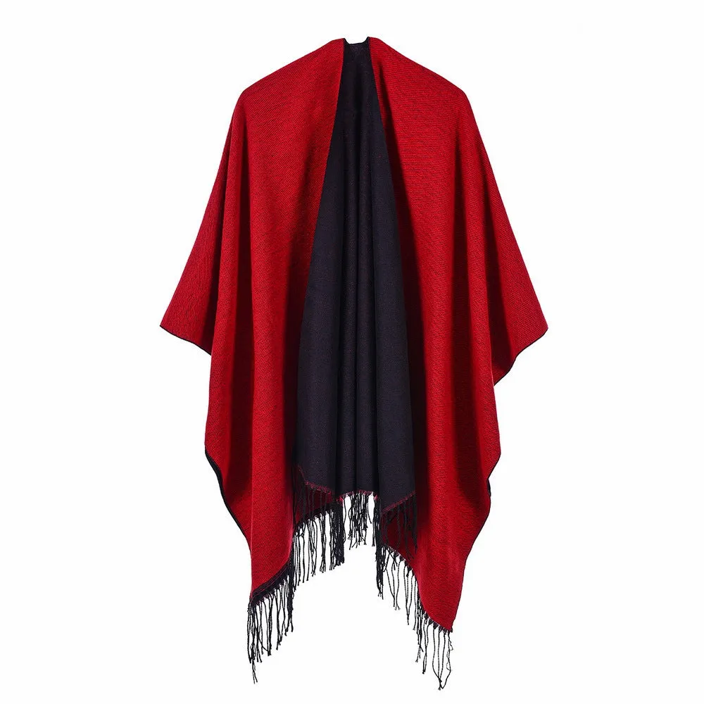 Women's street scarf in autumn and winter, versatile, warm and dual-use, monochrome tassel cape