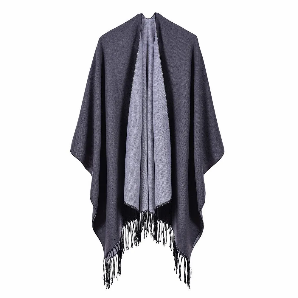 Women's street scarf in autumn and winter, versatile, warm and dual-use, monochrome tassel cape