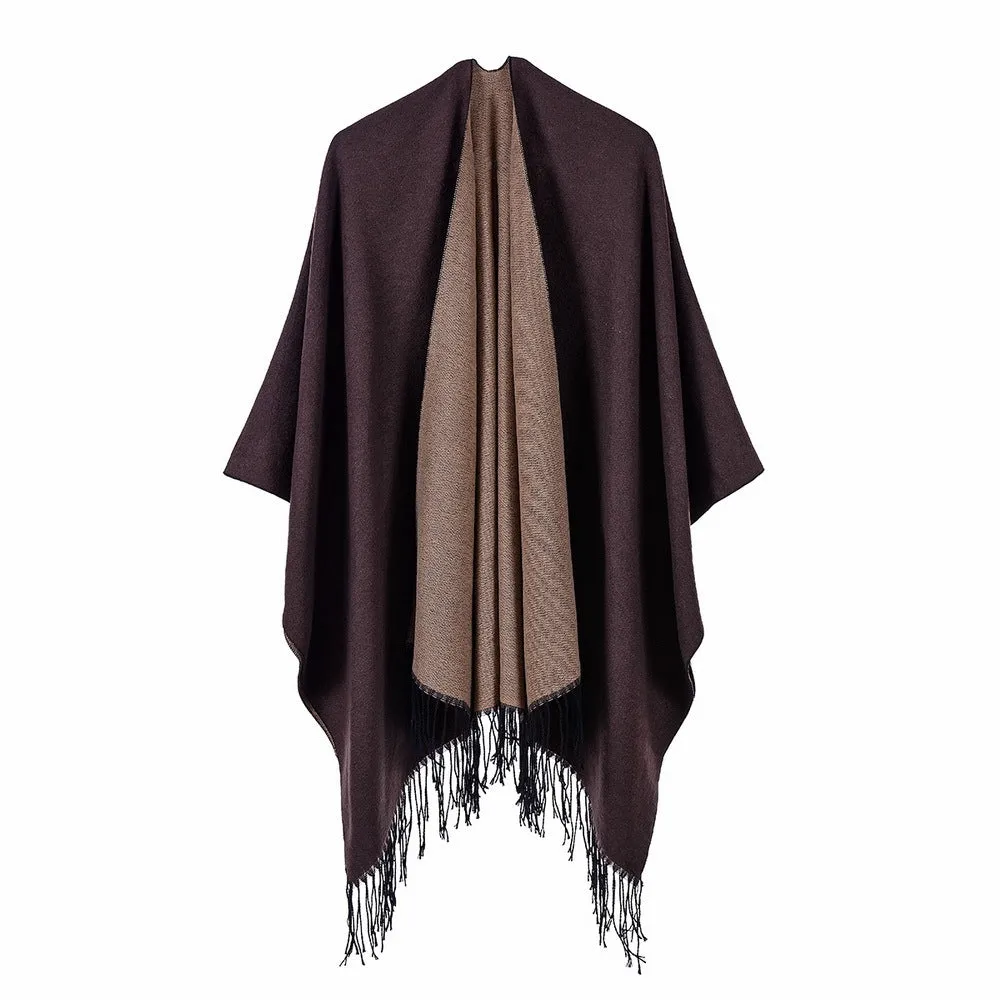 Women's street scarf in autumn and winter, versatile, warm and dual-use, monochrome tassel cape