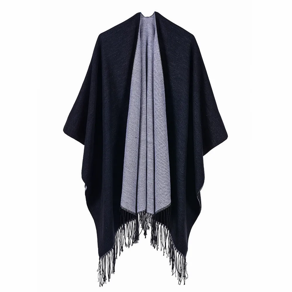 Women's street scarf in autumn and winter, versatile, warm and dual-use, monochrome tassel cape