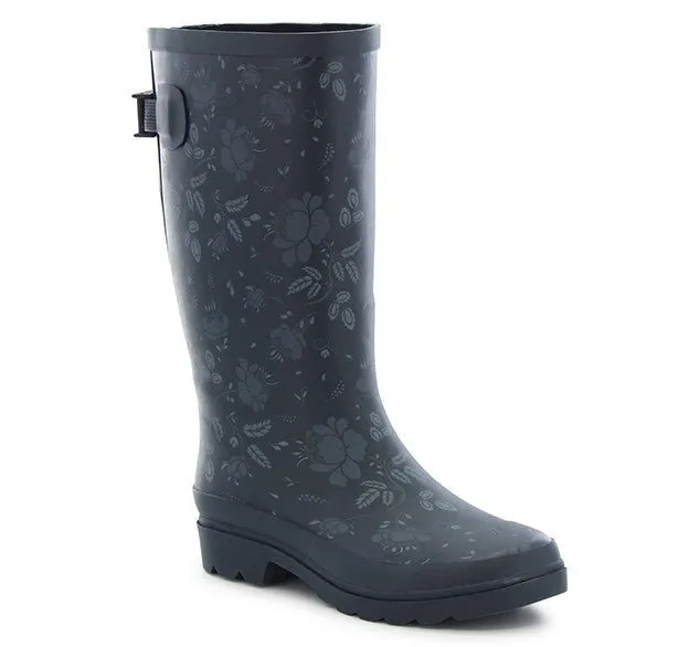 Women's Tall Feminine Floral Wide Calf Rain Boot - Slate