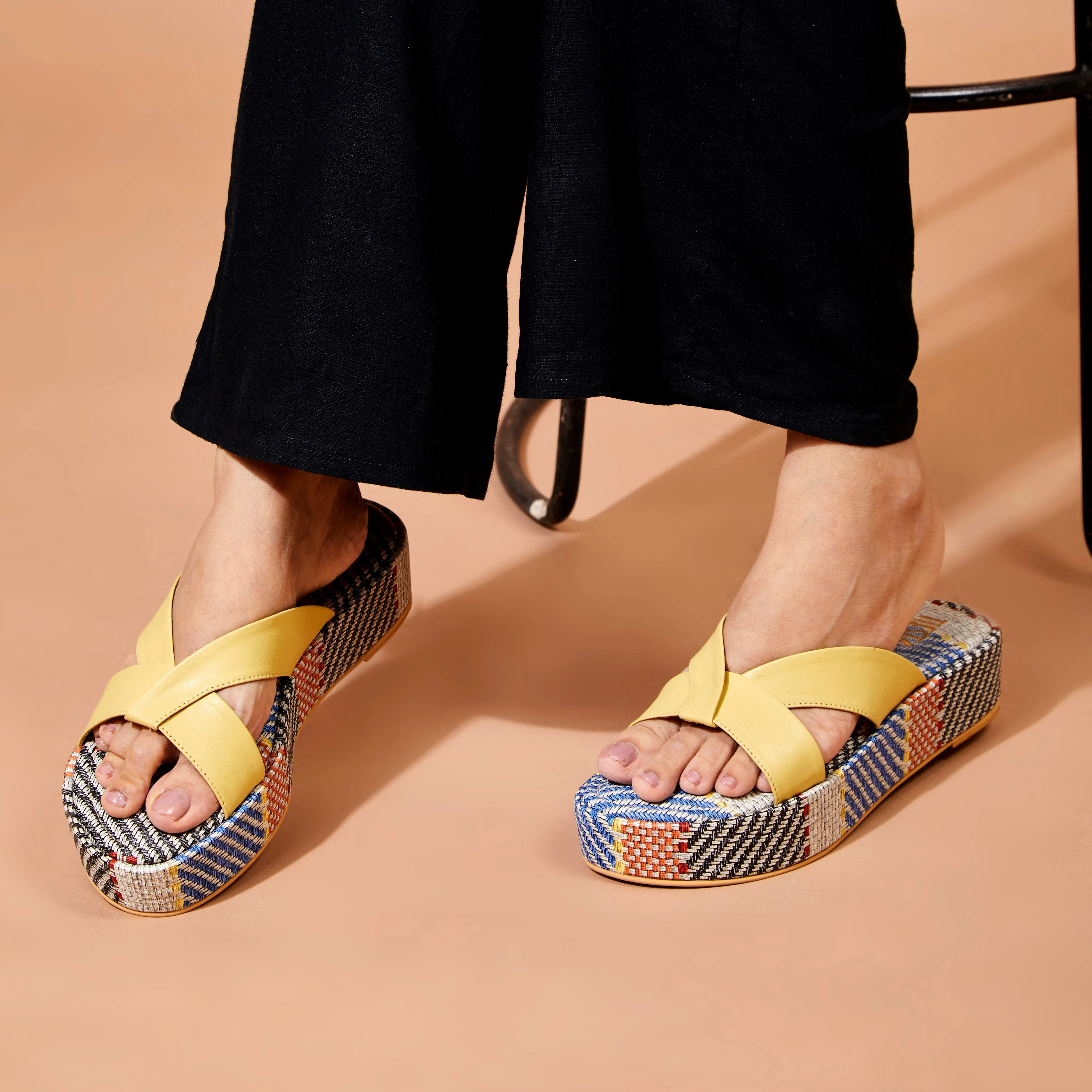 Yellow Platform Wedge Slippers | Tiesta Shoes