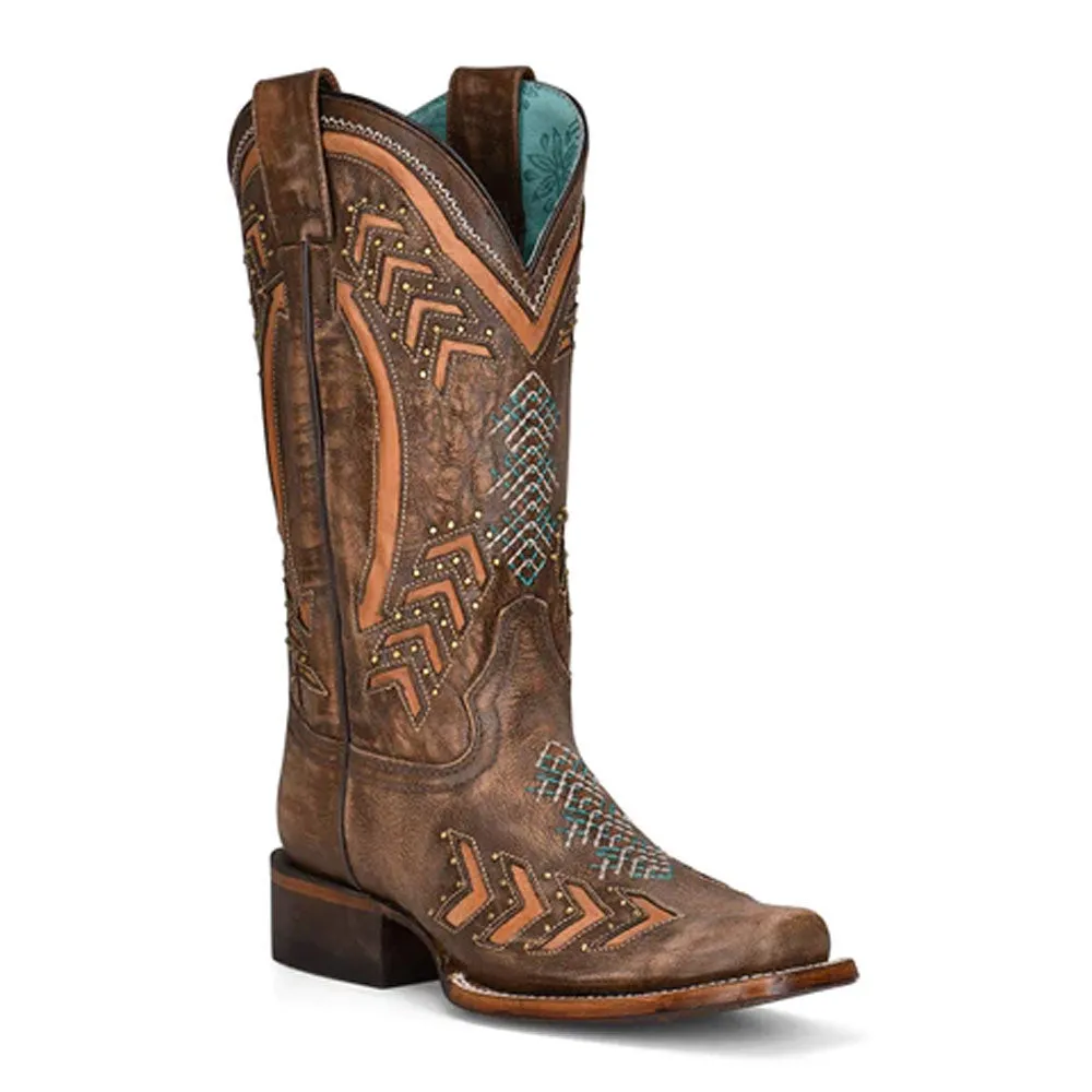 Z5009 Corral Women's Brown Laser Embroidery with Studs Square Toe Western Cowboy Boots